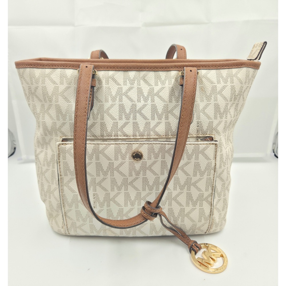Michael Kors Jet Set Signature Logo Tote Bag White Acorn Brown Gold Hardware